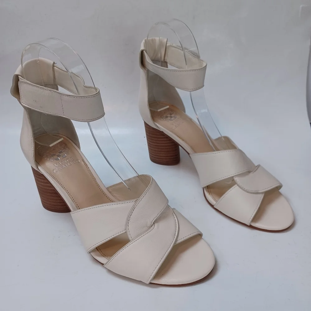 Vince‎ Camuto Heels White Strappy Ankle Wrap Stacked Heel Sandals Womens 8.5 NEW